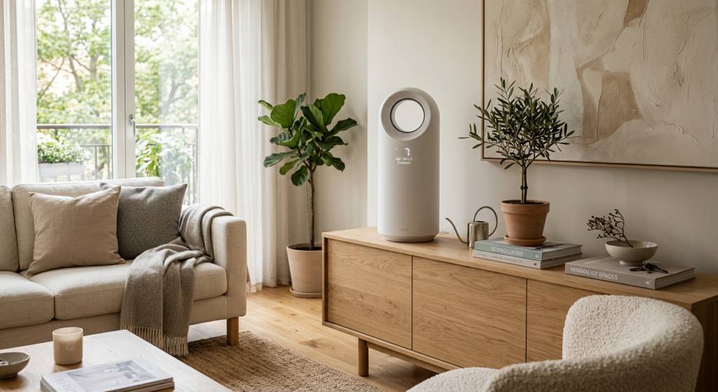 A professional, high-end editorial shot of a modern, sleek air quality sensor and purifier placed on