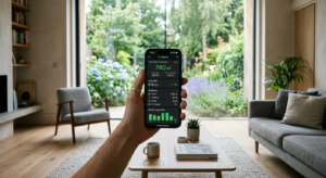 A clean, professional interior of a modern living room featuring a smartphone displaying a sleek ene