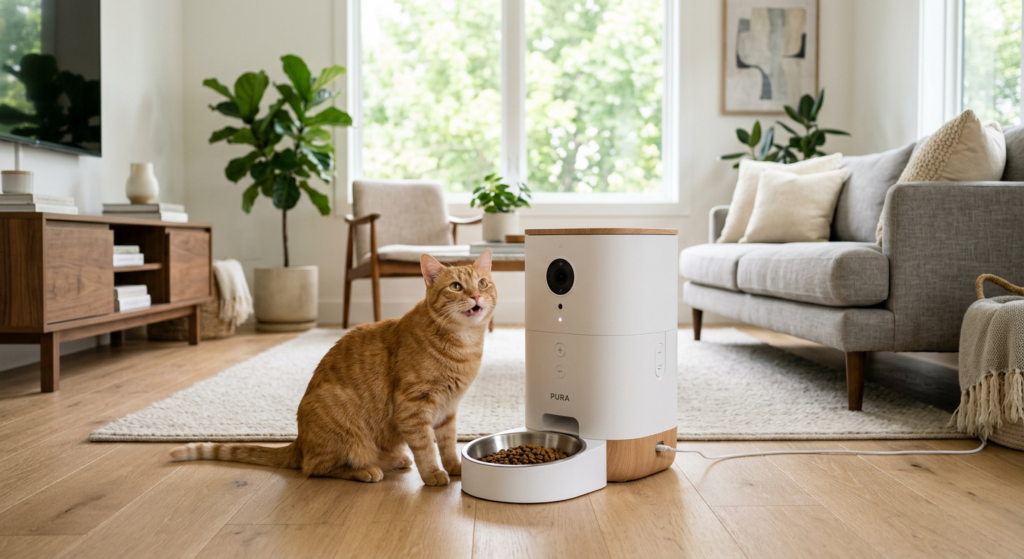 A high-end, editorial-style photograph of a sleek, modern automatic pet feeder with a discreet integ