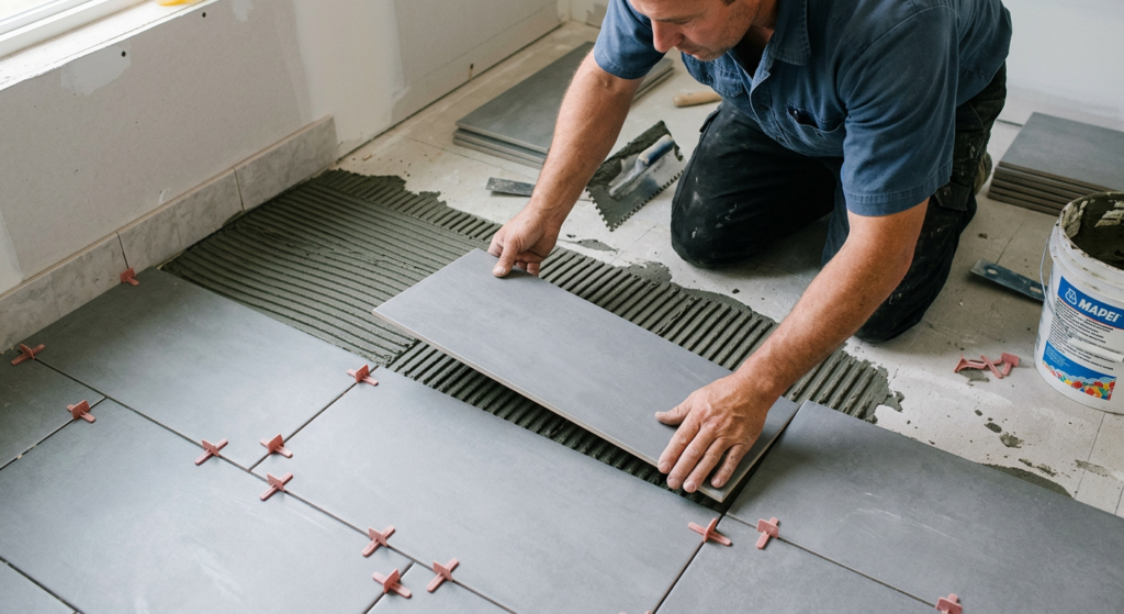 A high-angle, professional editorial shot of a craftsman's hands precisely placing a modern ceramic