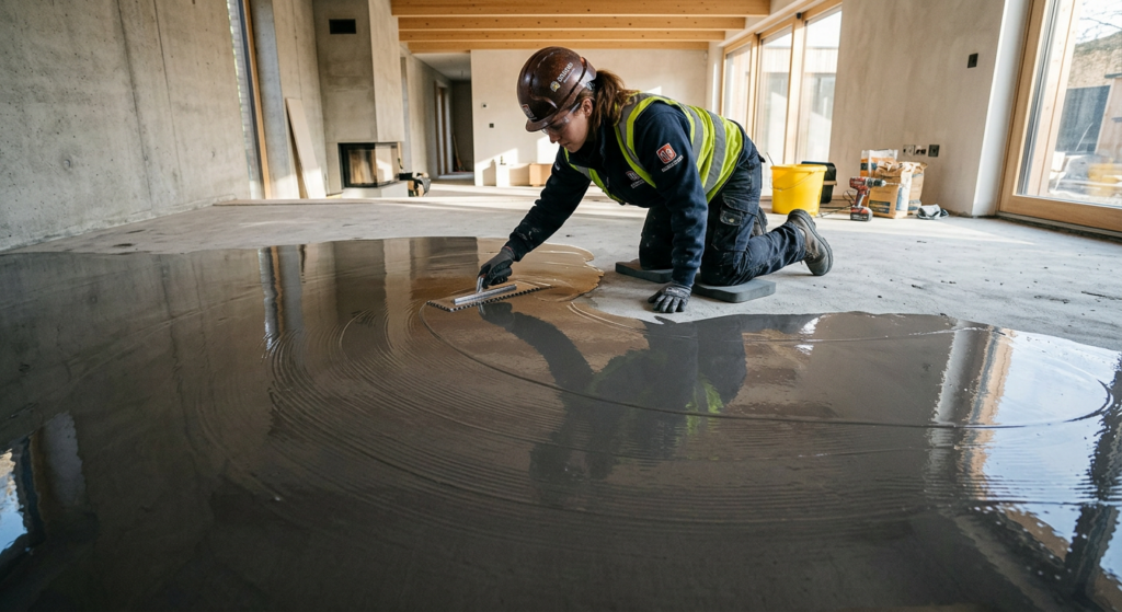 A professional, high-angle editorial photograph of a construction worker using a notched trowel to s