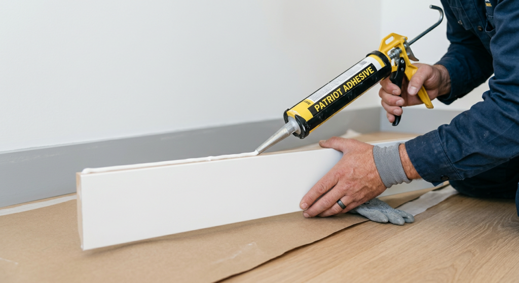 A professional close-up shot of a worker's hands applying a bead of adhesive to the back of a sleek,