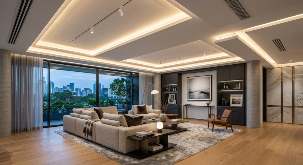 A high-end, modern living room interior featuring pristine, professionally installed gypsum board dr