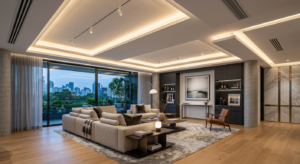 A high-end, modern living room interior featuring pristine, professionally installed gypsum board dr