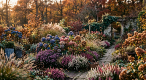 A high-end editorial garden scene featuring a lush, sunlit autumn landscape with vibrant flowering s