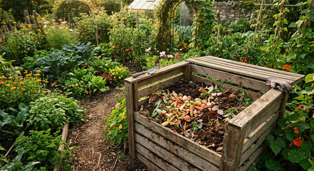 A professional, high-angle editorial shot of a wooden compost bin in a lush garden, filled with orga