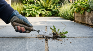 A close-up, professional editorial shot of a gardening tool removing weeds from the crevices of clea