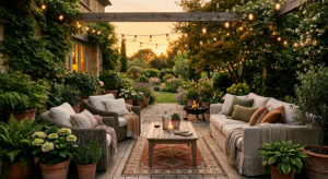 A cozy and inviting garden terrace featuring plush outdoor furniture, soft cushions, warm ambient st