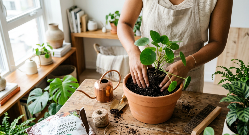A high-angle, professional editorial photograph of a person’s hands carefully repotting a lush green