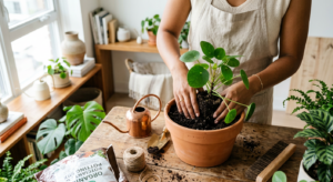 A high-angle, professional editorial photograph of a person’s hands carefully repotting a lush green