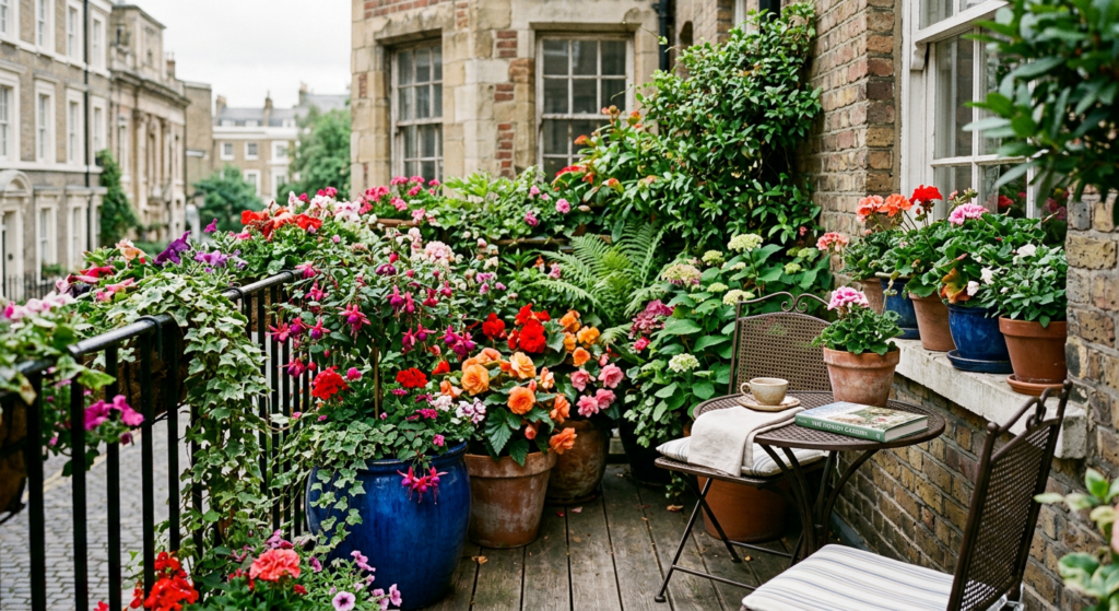 A professional, editorial-style photograph of a lush, shaded urban balcony filled with vibrant summe