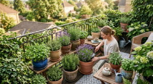 A professional, high-angle editorial shot of a lush balcony garden featuring ornamental pots filled