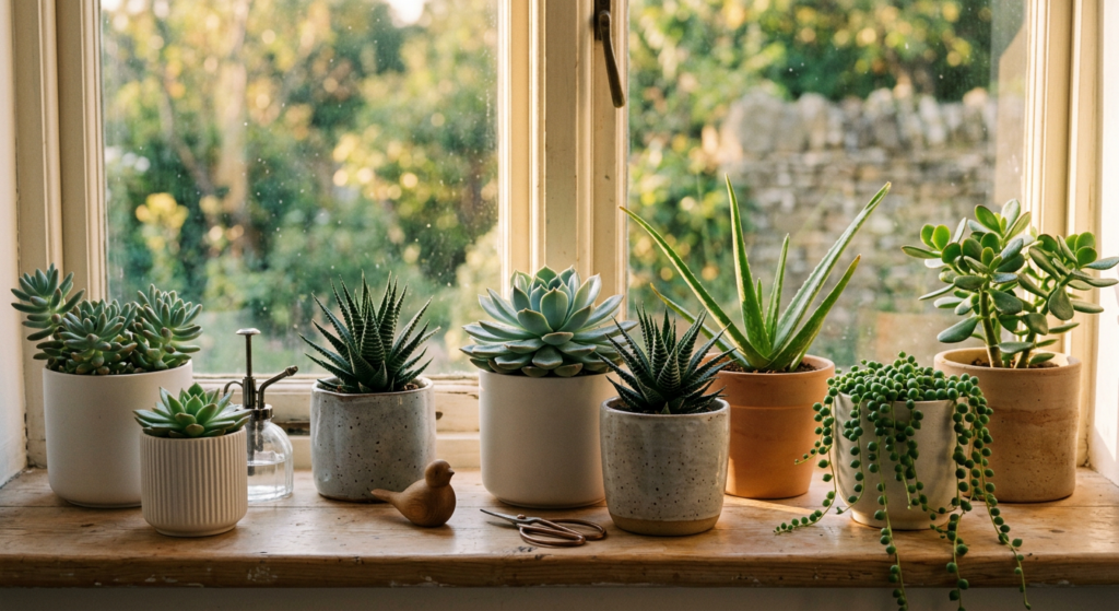 A beautifully staged collection of diverse succulents in minimalist pots bathing in soft, natural go
