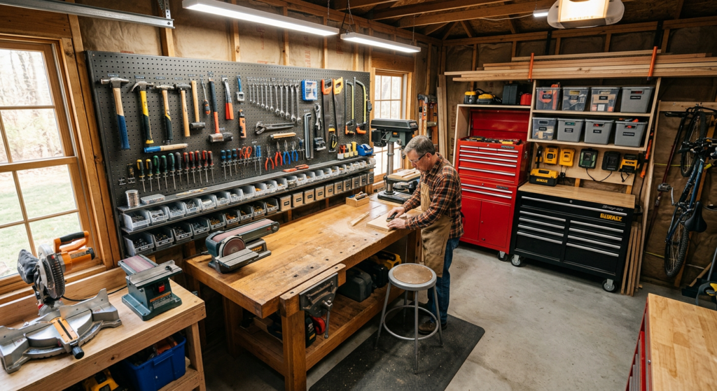 A high-angle, professional editorial photograph of a small, efficiently organized home garage worksh