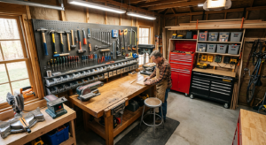 A high-angle, professional editorial photograph of a small, efficiently organized home garage worksh