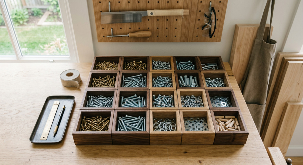 A high-angle, professional editorial shot of various metal screws and hardware organized neatly into