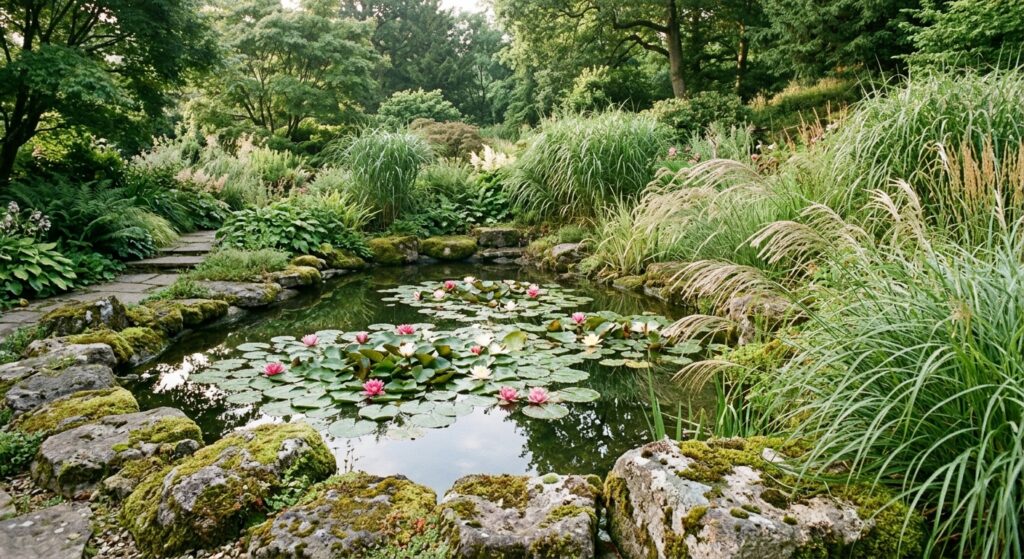 A serene morning shot of a garden pond with water lilies, surrounded by moss-covered rocks and archi