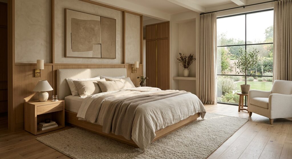 High-end contemporary bedroom interior with soft linen textures, neutral earth tones, and morning so