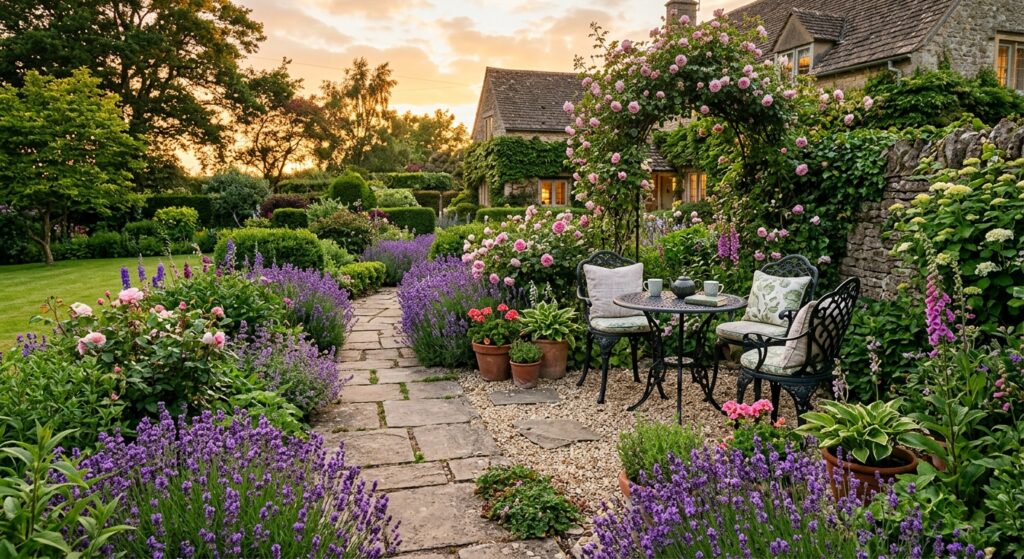 A lush, manicured backyard garden at golden hour featuring a stone pathway, vibrant lavender borders