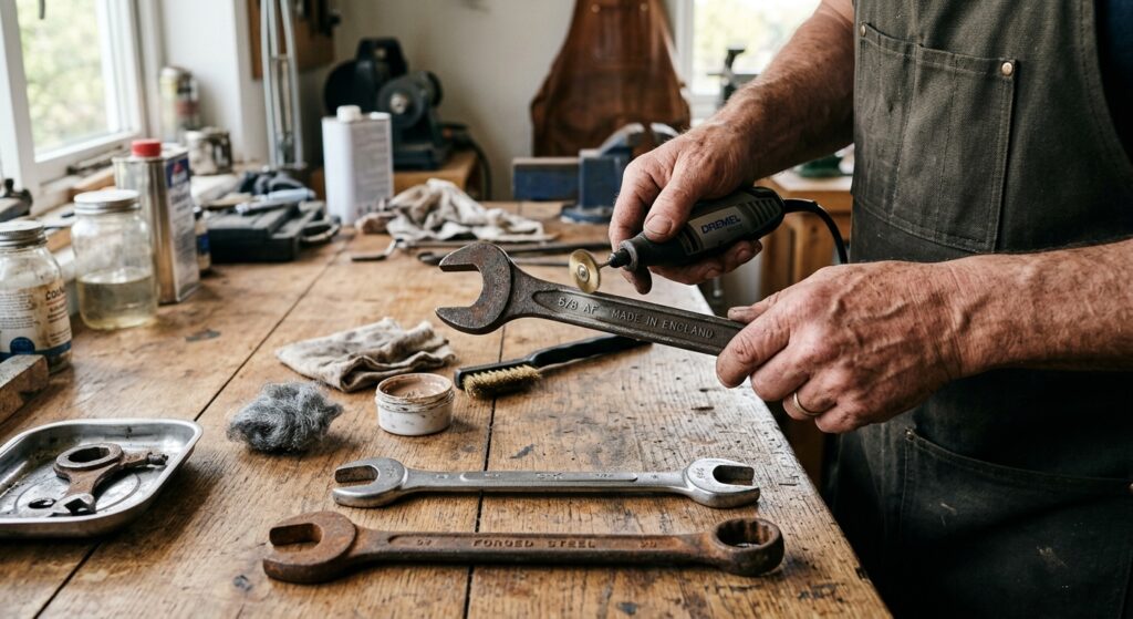 A professional, high-angle editorial shot of a craftsman's hands carefully using high-end tools to r