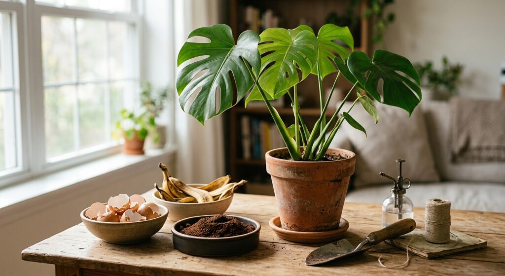 A high-end, editorial-style photograph featuring a lush green indoor plant in a terracotta pot on a