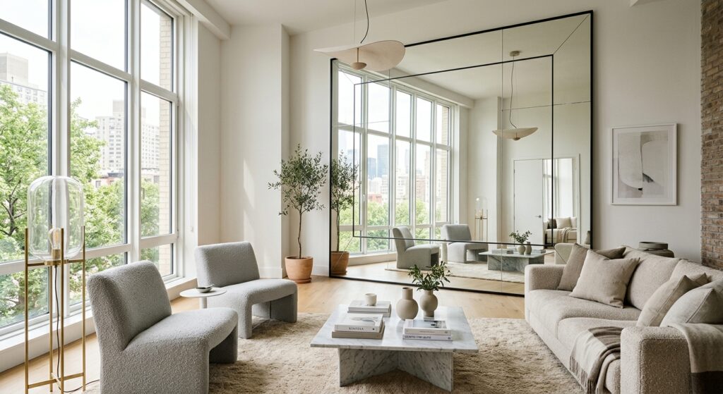 A bright, modern living room interior featuring a large, floor-to-ceiling decorative mirror that cre