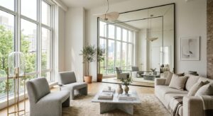 A bright, modern living room interior featuring a large, floor-to-ceiling decorative mirror that cre