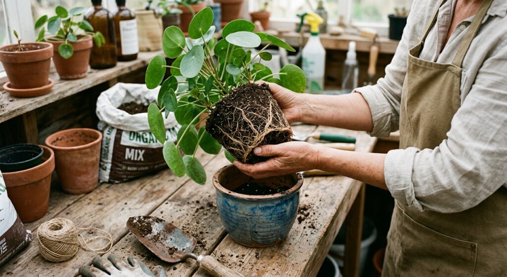 A professional, high-angle editorial photograph of a gardener's hands gently lifting a healthy house