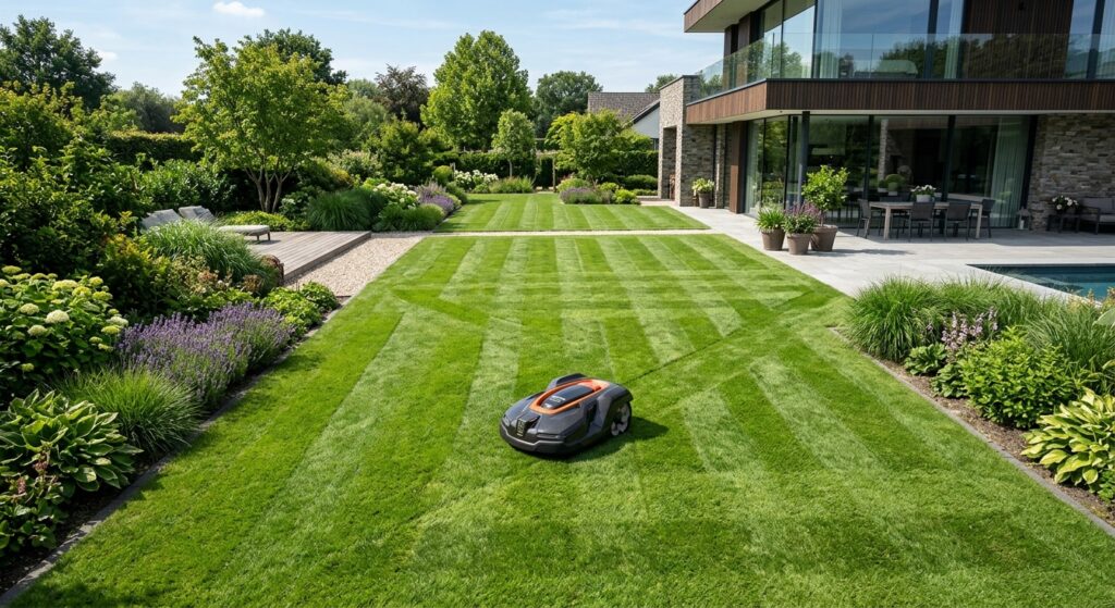 A professional, high-angle editorial shot of a sleek robotic lawnmower working precisely on a lush,
