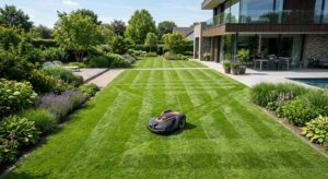 A professional, high-angle editorial shot of a sleek robotic lawnmower working precisely on a lush,